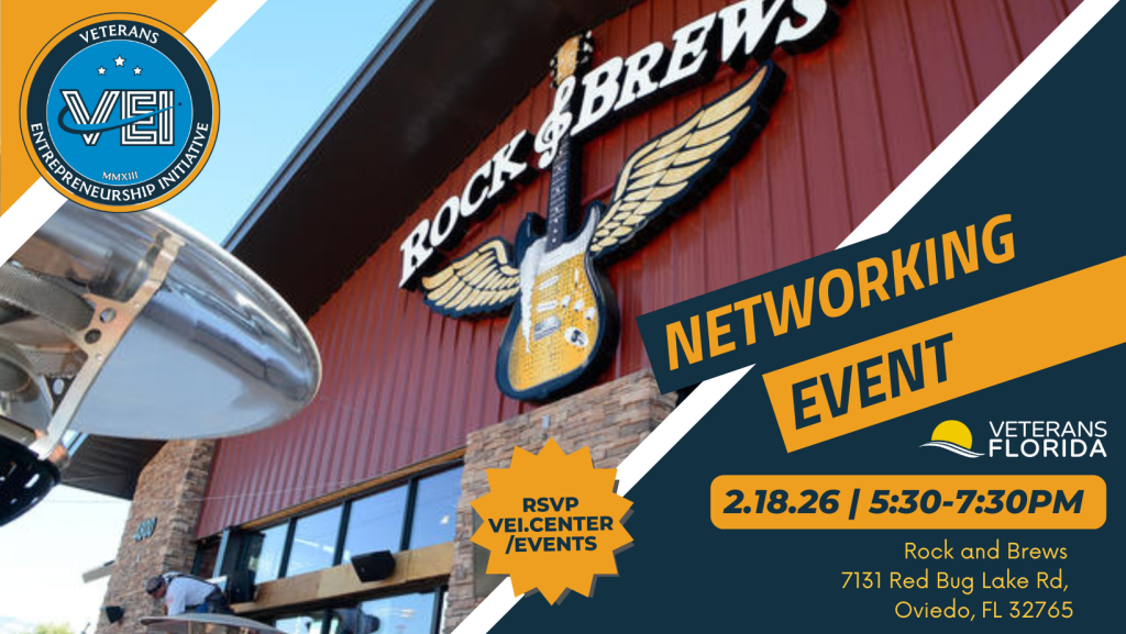 A promotional graphic for a Veterans Entrepreneurship Initiative networking event at Rock & Brews, Oviedo, FL, on 2/18/26, 5:30-7:30 PM. Features a large guitar sign and event info with blue and gold accents.