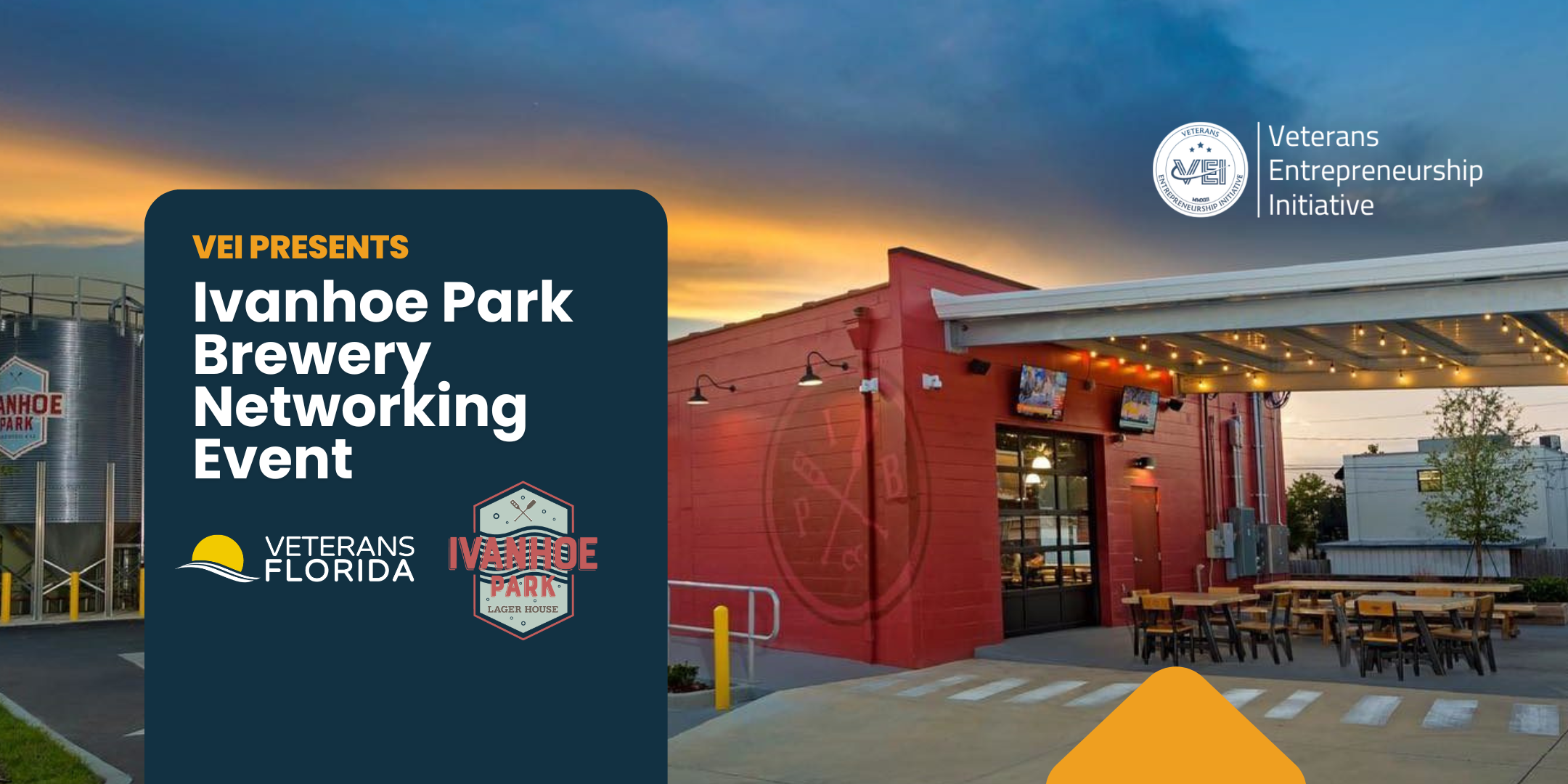An event flyer for the Ivanhoe Park Brewery Networking Event includes logos for Veterans Florida and Veterans Entrepreneurship Initiative. The image shows a brewery building with outdoor seating at sunset.