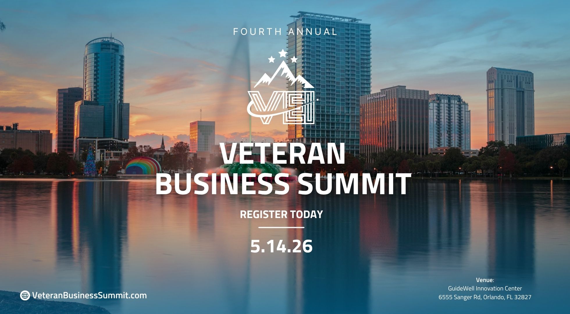 Skyline of downtown Orlando, Florida at sunset with text overlay: Fourth Annual Veteran Business Summit. Register today 5.14.26. Venue: GuideWell Innovation Center, Orlando, FL.