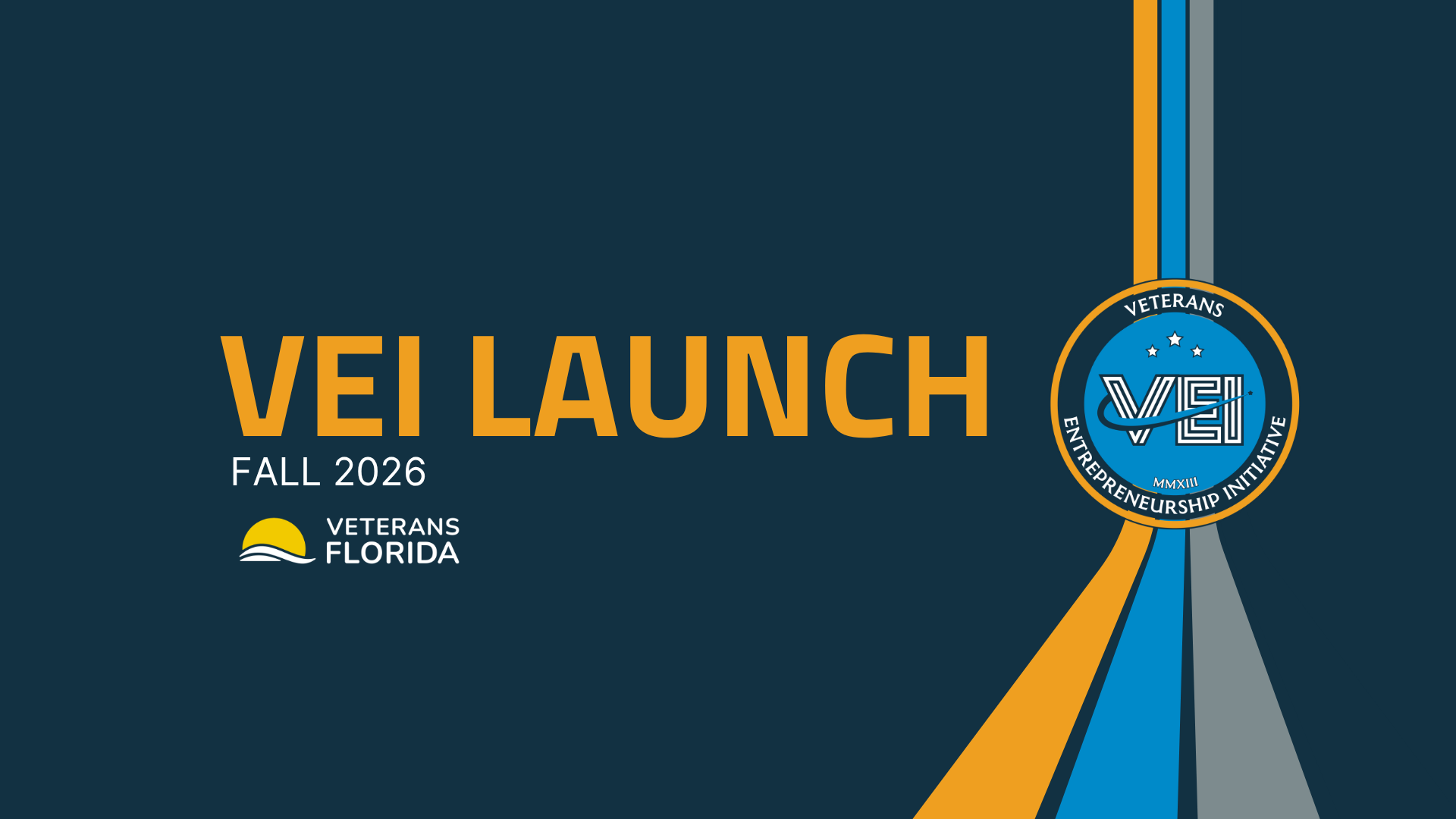 Dark blue background with VEI LAUNCH FALL 2026 in bold yellow text, the Veterans Florida logo, and a round blue VEI Veterans Entrepreneurship Initiative emblem with orange, blue, and gray geometric shapes on the bottom right.
